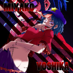 Rule 34 | 1girl, aono3, arm up, ass, beret, blue hair, butt crack, clothes pull, female focus, hat, highres, jiangshi, miyako yoshika, ofuda, open mouth, outstretched arms, red eyes, scar, short hair, skirt, skirt pull, smile, solo, stitches, tongue, tongue out, touhou, zombie pose, zoom layer