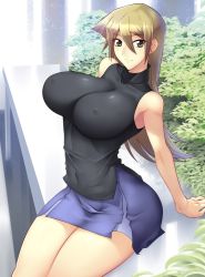 Rule 34 | 1girl, arms behind back, bare arms, bare legs, bare shoulders, black shirt, blonde hair, blue skirt, breasts, brown eyes, curvy, haganef, huge breasts, impossible clothes, legs, legs together, long hair, looking at viewer, matching hair/eyes, miniskirt, outdoors, shirt, sitting, skirt, sleeveless, sleeveless turtleneck, narrow waist, smile, solo, tenjouin asuka, turtleneck, uncensored, yu-gi-oh!, yu-gi-oh! gx