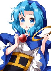 Rule 34 | 1girl, blue eyes, blue hair, center frills, clenched hand, frills, highres, holding hoop, hood, hoop, jewelry, kesa, kumoi ichirin, long sleeves, looking at viewer, medium hair, nun, open mouth, parted bangs, ring, ruu (tksymkw), simple background, solo, standing, touhou, upper body, white background, wide sleeves