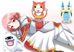 Rule 34 | 10s, 1girl, armor, ass, blush, boots, breastplate, cheek swirl, crossover, faulds, freckles, ghost, gloves, hair ornament, hairclip, jibanyan, komasan, lisbeth (sao), lisbeth (sao-alo), looking at viewer, lying, natsuzakura yuuki, on stomach, pants, pantylines, pointy ears, puffy sleeves, red eyes, red hair, short hair, showgirl skirt, skirt, smile, sword art online, whisper (youkai watch), youkai watch