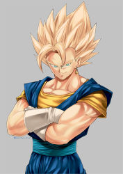 Rule 34 | 1boy, blonde hair, blue eyes, closed mouth, crossed arms, dougi, dragon ball, dragonball z, earrings, gloves, grey background, jewelry, looking at viewer, male focus, mattari illust, muscular, potara earrings, sash, simple background, smile, solo, spiked hair, standing, super saiyan, super saiyan 1, twitter username, upper body, vegetto, white gloves