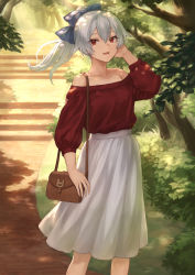 Rule 34 | 1girl, bag, baggy clothes, bare shoulders, blue ribbon, blush, breasts, casual, collarbone, commentary request, day, fate/grand order, fate (series), floating hair, grey hair, hair between eyes, hair ribbon, hand up, handbag, highres, long hair, long sleeves, looking at viewer, mashuu (neko no oyashiro), medium breasts, off-shoulder shirt, off shoulder, open mouth, outdoors, ponytail, red eyes, red shirt, ribbon, shirt, sidelocks, skirt, smile, solo, standing, tomoe gozen (fate), white skirt, wind