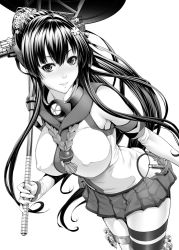 Rule 34 | 1girl, asymmetrical legwear, blush, breasts, cherry blossoms, covered erect nipples, cowboy shot, elbow gloves, flower, from above, gloves, greyscale, hair flower, hair ornament, headgear, holding, kantai collection, large breasts, lips, long hair, looking at viewer, miniskirt, monochrome, oil-paper umbrella, pleated skirt, ponytail, simple background, single thighhigh, skirt, smile, solo, thighhighs, umbrella, uneven legwear, white background, yamato (kancolle), zucchini