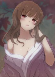 Rule 34 | 1girl, adjusting hair, alternate costume, bare shoulders, blunt bangs, blush, breasts, brown hair, cleavage, collarbone, commentary request, hair over shoulder, hand up, head tilt, heaven burns red, highres, japanese clothes, kimono, kiryuu miya, large breasts, layered clothes, layered kimono, lelie (lelie link), long sleeves, looking at viewer, medium hair, mole, mole under eye, no bra, open mouth, red eyes, simple background, solo, straight hair, sweat, tsurime, upper body, white kimono, wide sleeves