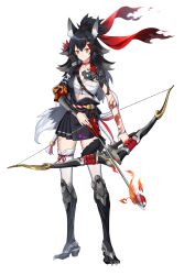 Rule 34 | 1girl, absurdres, animal ear fluff, animal ears, arm tattoo, arrow (projectile), black skirt, bow (weapon), breasts, commentary, commission, cosplay, crossover, english commentary, hair between eyes, hanzo (overwatch), hanzo (overwatch) (cosplay), high heels, highres, hololive, japanese clothes, long hair, looking at viewer, mechanical parts, medium breasts, nyacifer, ookami mio, overwatch, ponytail, second-party source, simple background, skirt, solo, tail, tail around own leg, tail wrap, tattoo, virtual youtuber, weapon, white background, wolf ears, wolf girl, wolf tail, yellow eyes