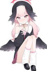 Rule 34 | 1girl, absurdres, bare shoulders, beret, black hat, black wings, blue archive, blush, commentary request, convenient leg, feathered wings, halo, hat, highres, kneehighs, koharu (blue archive), long hair, looking at viewer, mokew, off shoulder, pink eyes, pink hair, simple background, sitting, sleeves past wrists, socks, solo, sweat, twintails, white background, white socks, wings