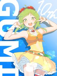 Rule 34 | 1girl, absurdres, ahoge, amulet, anniversary, belt, birthday, character name, commentary, cowboy shot, crop top, detached collar, flower-shaped pupils, frilled skirt, frills, goggles, goggles on head, green eyes, green hair, gumi, headphones, highres, index fingers raised, looking at viewer, n03+, open mouth, pointing, pointing at self, red-tinted eyewear, short hair, short hair with long locks, skirt, smile, solo, symbol-shaped pupils, thigh strap, tinted eyewear, twitter username, vocaloid, wrist cuffs, yellow skirt