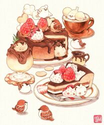 Rule 34 | animal-themed food, animal focus, beak, bird, black eyes, cake, cake slice, chocolate cake, chocolate syrup, coffee, commentary request, cup, dango, drinking glass, eurasian tree sparrow, food, food focus, fork, fruit, glass, grass, highres, korean commentary, no humans, original, plate, shadow, simple background, solid circle eyes, sparrow, steam, strawberry, strawberry slice, talbi, teacup, tsukimi dango, wagashi, whipped cream, white background, wine glass