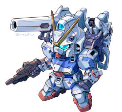 Rule 34 | beam rifle, blue eyes, character name, chibi, clenched hand, energy gun, gun, gundam, holding, holding gun, holding weapon, mecha, mobile suit, no humans, robot, science fiction, second victory gundam, solo, taedu, v-fin, victory gundam, weapon, white background