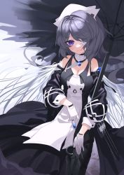 Rule 34 | 1girl, absurdres, apron, arknights, bare shoulders, black dress, breasts, cleavage, detached collar, detached sleeves, dress, eyepatch, gloves, grey hair, highres, holding, holding syringe, holding umbrella, long sleeves, medium breasts, puffy long sleeves, puffy sleeves, purple eyes, rui (rei leyi), short hair, solo, syringe, umbrella, whisperain (arknights), white apron, white gloves