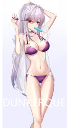 Rule 34 | 1girl, azur lane, bare shoulders, bikini, breasts, character name, cleavage, collarbone, dunkerque (azur lane), dunkerque (summer sucre) (azur lane), eternity (shadeh), female focus, food, hairband, hand in own hair, highres, ice cream, long hair, looking at viewer, medium breasts, navel, official alternate costume, ponytail, purple bikini, purple eyes, silver hair, solo, standing, swimsuit, white background