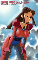 Rule 34 | 1girl, breasts, brown hair, cosplay, covered erect nipples, ginrei robo, hand on own thigh, hand on thigh, jewelry, jilpoong17, large breasts, leaning forward, mazinger (series), mazinger z, mecha, necklace, one eye closed, robot, solo, wink, yumi sayaka