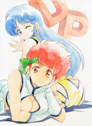 Rule 34 | 2girls, ;), agahari, ass, blue eyes, blue hair, breasts, butt crack, cleavage, cleavage cutout, clothing cutout, commentary request, dirty pair, earrings, from behind, gloves, green headband, grey background, headband, highres, jewelry, kei (dirty pair), looking at viewer, lying, medium breasts, multiple girls, on stomach, one eye closed, orange eyes, red hair, short hair, simple background, sitting, smile, traditional media, white gloves, yuri (dirty pair)