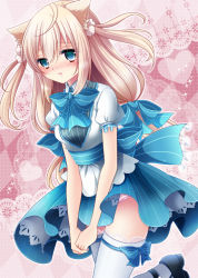Rule 34 | 1girl, animal ears, black footwear, blonde hair, blue eyes, blush, bow, cat ears, clothes lift, dress, dress lift, dutch angle, frills, hair between eyes, heart, lace, lace background, leg lift, leg ribbon, long hair, looking at viewer, low-tied long hair, mary janes, mireisaki, original, panties, parted lips, pink background, pink panties, puffy sleeves, ribbon, shoes, short sleeves, solo, standing, thigh ribbon, thighhighs, two side up, underwear, v arms, white thighhighs, wind, wind lift