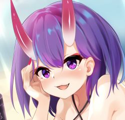 Rule 34 | 1girl, :3, akiba monaka, bare shoulders, beach, bikini, blush, bob cut, breasts, cleavage, commentary request, day, eyeshadow, fate/grand order, fate (series), gradient horns, hair between eyes, hand up, highres, horns, light blush, looking at viewer, lying, makeup, multicolored horns, nail polish, on stomach, open mouth, outdoors, purple eyes, purple hair, red eyeshadow, red horns, red nails, short hair, shuten douji (fate), skin-covered horns, solo, swimsuit