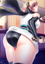 Rule 34 | 1girl, absurdres, ass, bare shoulders, blonde hair, blush, breasts, bridal gauntlets, fate/grand order, fate (series), from behind, highres, japanese clothes, katana, kimono, kogawawaki, large breasts, leaning, leaning forward, looking at viewer, looking back, okita souji (fate), open mouth, panties, ponytail, scarf, shiny clothes, shiny skin, short hair, short kimono, sideboob, solo, sword, thighhighs, underwear, weapon, yellow eyes