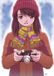 Rule 34 | 1girl, artist name, beanie, camera, female focus, hat, highres, holding, holding camera, kobayashi yuji, looking at viewer, multicolored clothes, multicolored scarf, multicolored stripes, scarf, solo, striped, upper body, winter