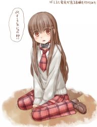 Rule 34 | 1girl, blush, brown eyes, brown hair, collar, female focus, full body, hair ornament, hairclip, kneeling, long hair, looking at viewer, necktie, shoes, simple background, solo, translation request, trembling, white background, yuyuzuki (yume usagi)
