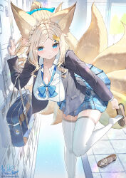 Rule 34 | 1girl, animal ears, bag, black jacket, blazer, blonde hair, blue bow, blue bowtie, blue eyes, blue nails, blue skirt, bow, bowtie, braid, breasts, cleavage, commentary request, crown braid, foot out of frame, fox ears, fox girl, fox tail, getabako, highres, holding, holding shoes, indoors, jacket, kiramarukou, large breasts, long hair, long sleeves, looking at viewer, mole, mole under eye, open clothes, open jacket, original, parted bangs, parted lips, pleated skirt, ponytail, removing shoes, school bag, shoes, skirt, solo, tail, thighhighs, white thighhighs