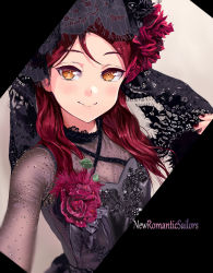 Rule 34 | 1girl, black background, black dress, brown eyes, closed mouth, dress, guilty kiss (love live!), highres, jyon, long hair, looking at viewer, love live!, love live! school idol festival, love live! sunshine!!, nail polish, parted bangs, red hair, red nails, sakurauchi riko, smile, solo, upper body
