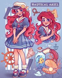 Rule 34 | 1girl, ariel (disney), blue eyes, blue footwear, bow, commentary, disney, dress, earrings, english commentary, flounder (the little mermaid), fork, hair bow, hat, highres, jewelry, long hair, mrsbutterd, neckerchief, puffy short sleeves, puffy sleeves, red hair, sailor dress, sailor hat, seashell, shell, short sleeves, smile, socks, solo, star (symbol), star earrings, the little mermaid, very long hair, yellow bow