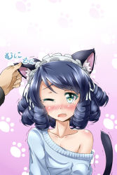 Rule 34 | 10s, 1girl, animal ears, blue hair, blush, cat ears, cat tail, curly hair, cyan (show by rock!!), embarrassed, green eyes, hand on own ear, off shoulder, one eye closed, show by rock!!, shun no shun, solo, sweater, tail, tears, trembling