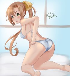 Rule 34 | 1girl, akigumo (kancolle), all fours, ame-san, ass, bikini, blue bikini, brown hair, dated, from above, green eyes, hair ribbon, highres, kantai collection, leaning forward, long hair, looking at viewer, mole, mole under eye, ponytail, ribbon, solo, swimsuit, twitter username