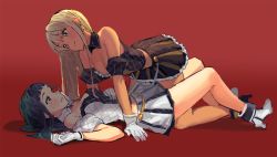 Rule 34 | 2girls, alessandra susu, all fours, aqua eyes, armband, bad id, bad pixiv id, bare legs, bare shoulders, between legs, black dress, black hair, blonde hair, blush, boots, breasts, cleavage, dark skin, dark-skinned female, dress, earrings, eye contact, female focus, frilled skirt, frills, girl on top, gloves, green eyes, high heel boots, high heels, interracial, jewelry, legs, long hair, looking at another, lying, multiple girls, on back, pleated skirt, red background, red eyes, rr (suisse200), shadow, simple background, skirt, smile, strapless, strapless dress, sweatdrop, tendouji musubi, tokyo 7th sisters, white dress, white gloves, yuri