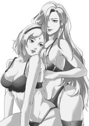 Rule 34 | 2girls, absurdres, bare arms, bare shoulders, boruto: naruto next generations, bra, breasts, cleavage, cowboy shot, facial mark, forehead mark, greyscale, hair over one eye, hairband, haruno sakura, highres, long hair, mature female, medium breasts, medium hair, meoowwxx, monochrome, multiple girls, naruto (series), navel, panties, parted bangs, parted lips, sketch, thighhighs, thighs, underwear, underwear only, white background, yamanaka ino, yuri