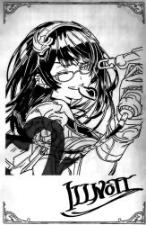 Rule 34 | absurdres, black hair, character name, chocolate, close-up, earrings, framed, glasses, granblue fantasy, greyscale, hair ornament, heart, heart in mouth, highres, illnott (granblue fantasy), jewelry, monochrome, necklace, one eye closed, paint, paint gun, painting (action), saya atena, smile, upper body, valentine, white background