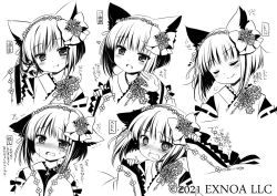 Rule 34 | 1girl, :d, animal ears, blush, bow, cat ears, closed mouth, copyright notice, copyright request, crying, crying with eyes open, eighth note, fang, fang out, flower, greyscale, hair bow, hair flower, hair ornament, heart, japanese clothes, kimono, long sleeves, monochrome, multiple views, musical note, nose blush, official art, open mouth, pinching sleeves, sakurazawa izumi, short hair, simple background, sleeves past wrists, smile, tears, translation request, trembling, watermark, wavy mouth, white background, wide sleeves
