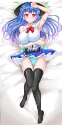 Rule 34 | 1girl, adapted costume, alternate breast size, arm up, armlet, armpits, bare shoulders, black hat, black thighhighs, blue hair, blue panties, blue skirt, blush, bow, bowtie, breast hold, breasts, closed mouth, dakimakura (medium), food, frilled skirt, frills, fruit, full body, gluteal fold, gradient hair, hat, highres, hinanawi tenshi, honda takaharu, large breasts, leaf, light purple hair, long hair, looking at viewer, lying, miniskirt, multicolored hair, on back, panties, peach, rainbow order, red bow, red bowtie, red eyes, shirt, skirt, sleeveless, sleeveless shirt, smile, solo, thighhighs, touhou, underwear, white shirt