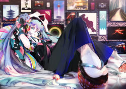 Rule 34 | 1girl, absurdres, aqua eyes, aqua hair, architecture, armpits, beads, bean bag chair, black hakama, bridge, commentary request, daimonji, detached sleeves, east asian architecture, fingers together, foreshortening, full body, geisha, geta, hair beads, hair ornament, hakama, hakama skirt, hands up, hatsune miku, highres, holding, holding umbrella, huge filesize, japanese clothes, kyoto, kyoto tower, long hair, looking at viewer, lying, map, mouth hold, oil-paper umbrella, on back, painting (object), paper, paper football, road, sandals, shirt, skirt, sleeveless, sleeveless shirt, smile, socks, solo, temple, triangle, twintails, umbrella, very long hair, vocaloid, yasaka pagoda, yonemuro