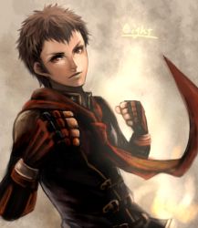 Rule 34 | 1boy, brown hair, character name, eight (fft-0), final fantasy, final fantasy type-0, fingerless gloves, gloves, haruhito1211, male focus, orange eyes, short hair, solo