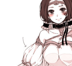 Rule 34 | 1girl, arrow (symbol), bad id, bad pixiv id, blush, breasts, cleavage, collarbone, commentary request, dress, extra eyes, facial mark, frills, grey background, hair ornament, kirishima touka, large breasts, monochrome, official alternate costume, puffy sleeves, short hair, simple background, single bare shoulder, smile, tiara, tokyo ghoul, tokyo ghoul:re, toukaairab, wedding dress