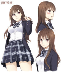 Rule 34 | 1girl, blazer, blush, bow, breasts, brown hair, character name, character sheet, cowboy shot, dress shirt, from side, futari no kanojo, hair flip, jacket, korisei, light frown, light smile, long hair, open clothes, open jacket, open mouth, plaid, plaid bow, plaid skirt, pleated skirt, red eyes, school uniform, seto reika, shirt, simple background, skirt, translation request, upper body, white background