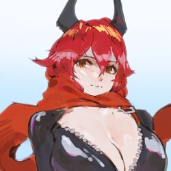 Rule 34 | 1girl, black gloves, breasts, cleavage, closed mouth, crop top, cropped jacket, fingerless gloves, gloves, goddess of victory: nikke, hair between eyes, headgear, highres, horns, large breasts, long hair, looking at viewer, mar10, mechanical horns, orange eyes, red hair, red hood (nikke), red scarf, scarf, simple background, smile, solo, upper body, very long hair, zipper