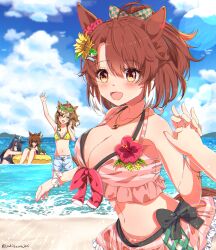 1other 4girls absurdres agnes_tachyon_(umamusume) arms_up beach bikini black_bikini black_hair blue_sky breasts brown_hair commission dantsu_flame_(umamusume) eyewear_on_head flower hair_flower hair_ornament hairclip high_ponytail highres holding_hands horse_girl innertube jungle_pocket_(umamusume) juri-arima large_breasts light_brown_hair long_hair manhattan_cafe_(umamusume) multiple_girls navel ocean on_innertube pink_bikini ponytail skeb_commission sky small_breasts smile sunglasses swim_ring swimsuit umamusume yellow_bikini yellow_eyes