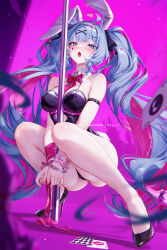 Rule 34 | 1girl, ahoge, animal ears, arm belt, bare legs, black leotard, blue eyes, blue hair, bow, bowtie, breasts, card, colored inner hair, cuffs, detached collar, facial mark, fake animal ears, full body, hair ornament, hair ribbon, handcuffs, hatsune miku, high heels, leotard, long hair, medium breasts, mitsu (mitsu art), multicolored hair, necktie, open mouth, patent heels, pink hair, playboy bunny, playing card, pole, pumps, pure pure (rabbit hole), rabbit ears, rabbit hole (vocaloid), red bow, red bowtie, red necktie, ribbon, shoes, simple background, solo, squatting, stiletto heels, stripper pole, twintails, very long hair, vocaloid, x hair ornament