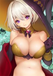 Rule 34 | 1girl, bad id, bad twitter id, bare shoulders, black gloves, breasts, cape, choker, cleavage, copyright request, dadachyo, doge, elbow gloves, female focus, gem, glint, gloves, hat, head tilt, jewelry, large breasts, looking at viewer, midriff, navel, purple eyes, red gemstone, shiba inu, short hair, silver hair, smile, solo, upper body, witch hat, wrist cuffs
