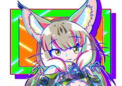 Rule 34 | 1girl, absurdres, animal ears, bare shoulders, camouflage, cat ears, cat girl, extra ears, green eyes, grey hair, highres, jungle cat (kemono friends), kemono friends, kemono friends v project, long hair, looking at viewer, microphone, scarf, shirt, simple background, smile, solo, tutti tutio, upper body, virtual youtuber