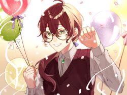 Rule 34 | 1boy, albert parker, amazaki umu, balloon, black ribbon, bolo tie, brown background, brown hair, brown sweater vest, collared shirt, confetti, gem, glasses, green eyes, green gemstone, grin, hair between eyes, hair over shoulder, hair ribbon, hands up, highres, holding, holding balloon, indie virtual youtuber, long hair, long sleeves, looking at viewer, low ponytail, male focus, mole, mole under mouth, ribbon, round eyewear, shirt, smile, solo, streamers, sweater vest, upper body, virtual youtuber, white shirt
