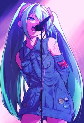 Rule 34 | 1girl, arms behind back, bare shoulders, blue hair, breast pocket, breasts, buttons, commentary, cowboy shot, denim, denim dress, detached sleeves, dress, english commentary, expressionless, eyelashes, eyes visible through hair, flag, hair between eyes, half-closed eyes, hatsune miku, highres, jipponwazaari, light particles, long hair, looking away, microphone, microphone stand, music, number tattoo, open mouth, pin, pocket, shoulder tattoo, singing, small breasts, solo, stage lights, tattoo, teeth, thighs, twintails, union jack, very long hair, vocaloid