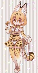 Rule 34 | 10s, 1girl, absurdres, adapted costume, animal ears, bag, bare shoulders, belt, blonde hair, blush, boots, bow, bowtie, check commentary, commentary request, elbow gloves, fangs, gloves, handbag, heart, high-waist skirt, highres, kemono friends, kolshica, lingerie, multicolored hair, serval (kemono friends), serval print, serval tail, short hair, skirt, sleeveless, solo, tail, thighhighs, underwear