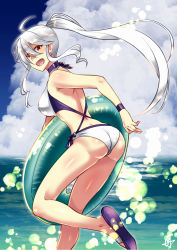 Rule 34 | 1girl, ahoge, bikini, blurry, bokeh, breasts, caffein, cloud, commentary, day, depth of field, from behind, highres, holding, holding swim ring, innertube, large breasts, leg up, long hair, looking at viewer, looking back, ocean, open mouth, outdoors, ponytail, red eyes, sandals, signature, smile, solo, swim ring, swimsuit, very long hair, vocaloid, white bikini, white hair, yowane haku
