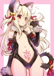 Rule 34 | 1girl, animal ears, animal hands, bell, black gloves, blonde hair, breasts, cat ears, cat girl, cat tail, center opening, commentary request, cowboy shot, dangerous beast (illya), elbow gloves, fate/kaleid liner prisma illya, fate (series), flying sweatdrops, gloves, gluteal fold, hair bell, hair between eyes, hair ornament, hair ribbon, illyasviel von einzbern, jigatei (omijin), jingle bell, leotard, long hair, navel, official alternate costume, outside border, paw gloves, prisma illya, pubic tattoo, red eyes, revealing clothes, ribbon, sidelocks, simple background, small breasts, solo, tail, tail bell, tail ornament, tail ribbon, tattoo, two side up, very long hair