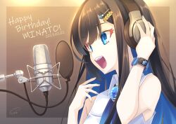 Rule 34 | 1girl, black hair, blue eyes, blue hair, blue ribbon, border, brooch, brown background, brown border, cevio, character name, colored inner hair, dated, dress, english text, from side, futaba minato, hair ornament, hairclip, hand on headphones, hands up, happy birthday, headphones, jewelry, looking ahead, microphone, multicolored hair, music, neck ribbon, open mouth, outside border, ribbon, signature, singing, sleeveless, sleeveless dress, smartwatch, smile, solo, studio microphone, sumikaze, swept bangs, upper body, watch, white dress, wristwatch