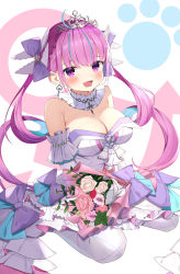 Rule 34 | 1girl, :d, ahoge, anchor ornament, bare shoulders, blue hair, blush, bouquet, bow, braid, breasts, cleavage, detached collar, detached sleeves, dress, earrings, flower, hair bow, heart, heart earrings, highres, hololive, jewelry, large breasts, long hair, looking at viewer, minato aqua, minato aqua (aqua iro super dream), multicolored background, multicolored hair, open mouth, pantyhose, paw print, paw print background, pink flower, pink rose, purple bow, purple eyes, purple hair, rose, saki (saki paint), sitting, smile, solo, strapless, strapless dress, streaked hair, tiara, twintails, two-tone hair, very long hair, virtual youtuber, wariza, white dress, white flower, white pantyhose, white rose