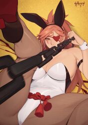 Rule 34 | 1girl, animal ears, baiken, breasts, chain, cleavage, eyepatch, guilty gear, heart, heart eyepatch, high heels, highres, incoming attack, large breasts, leotard, looking at viewer, nidhoggn, pantyhose, playboy bunny, rabbit ears, red eyes, red hair