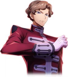 Rule 34 | 1boy, artist request, blue eyes, brown hair, claudio s. darlton, clenched hand, closed mouth, code geass, code geass: lost stories, cropped torso, game cg, gloves, hand up, jacket, long sleeves, looking afar, male focus, military uniform, non-web source, official art, red jacket, serious, short hair, simple background, solo, standing, transparent background, uniform, upper body, white gloves